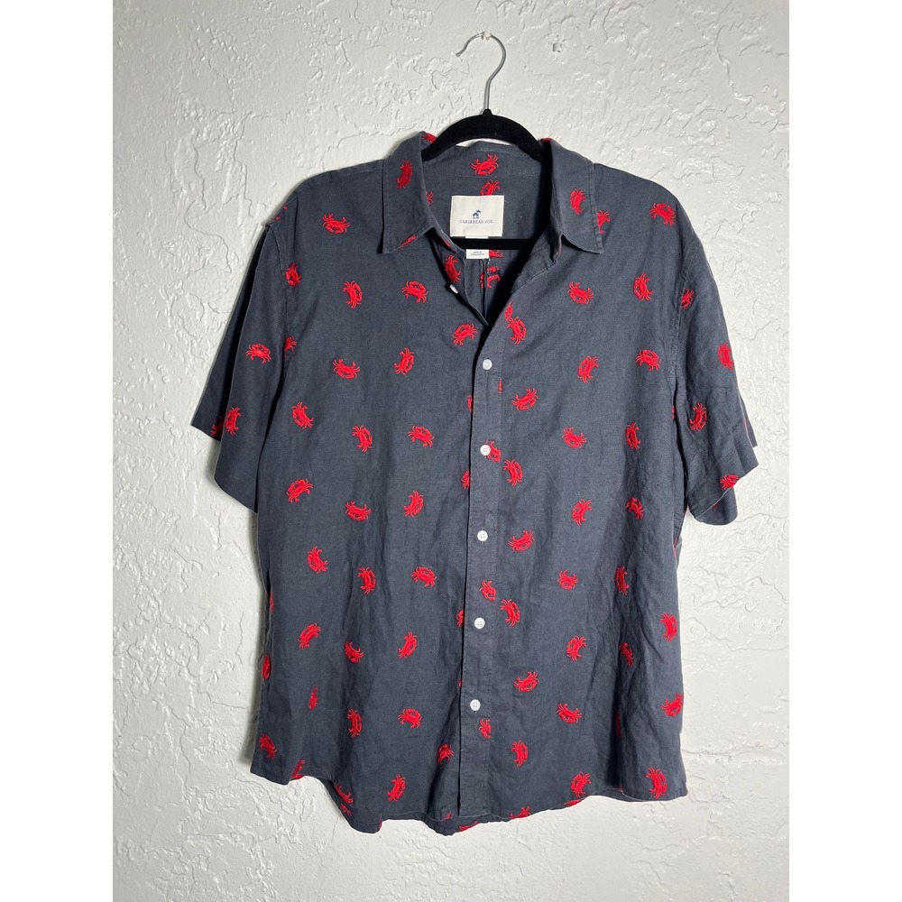 NWT Caribbean Joe Crab Embroidered Camp Shirt Gray Red Button Up Men's L
